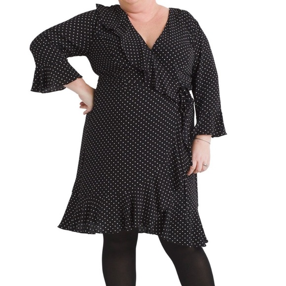 Adrianna Papell Pindot Printed Ruffle Wrap Black & White Dress. NWT! Sz 22W. - Picture 2 of 15